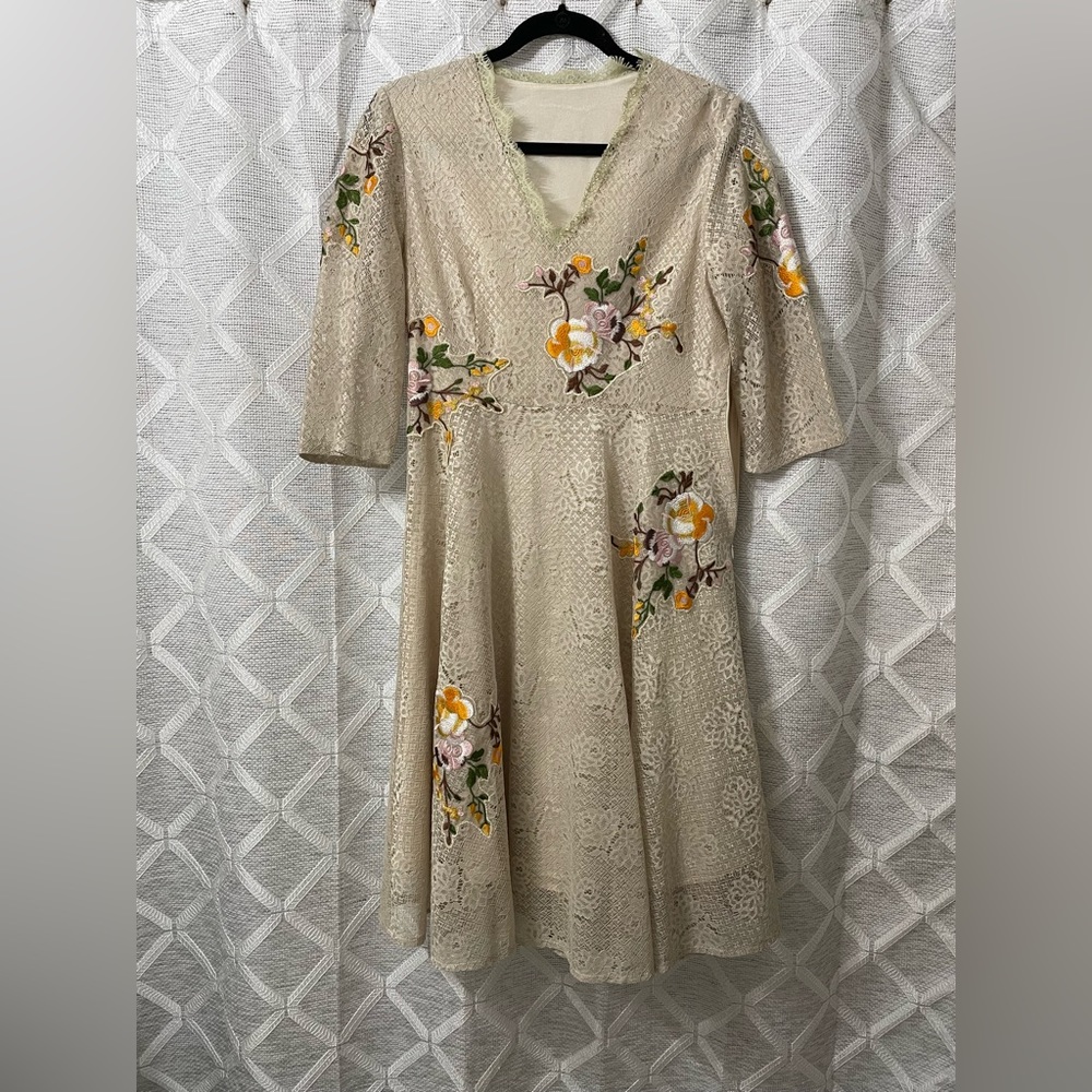 Embroidered, lace Alined cocktail tea length dress